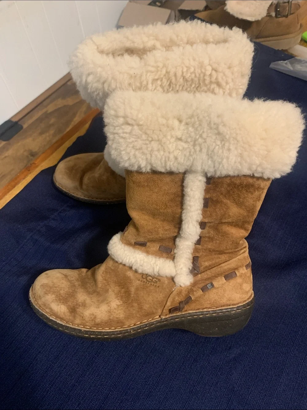 UGG Women's Chestnut Suede and Cream Shearling Mid-Calf Boots